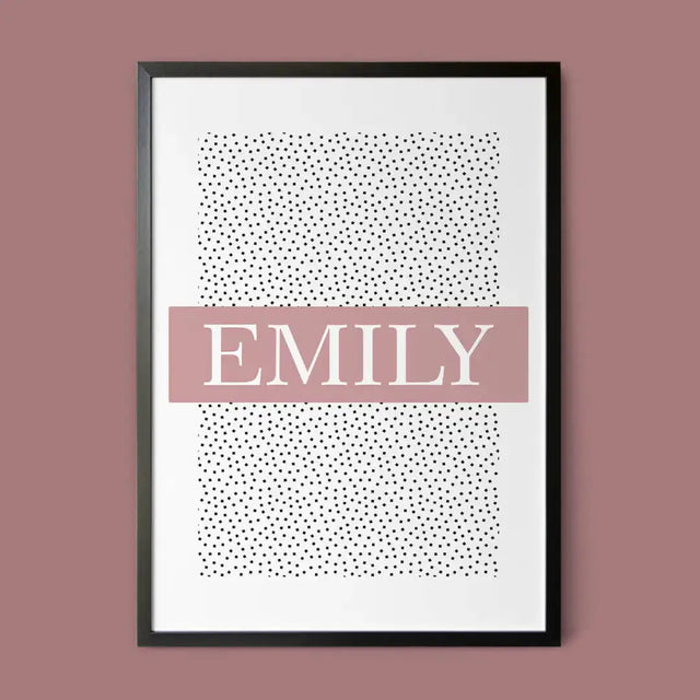 poster with black frame and dot with name design on a burgundy red background