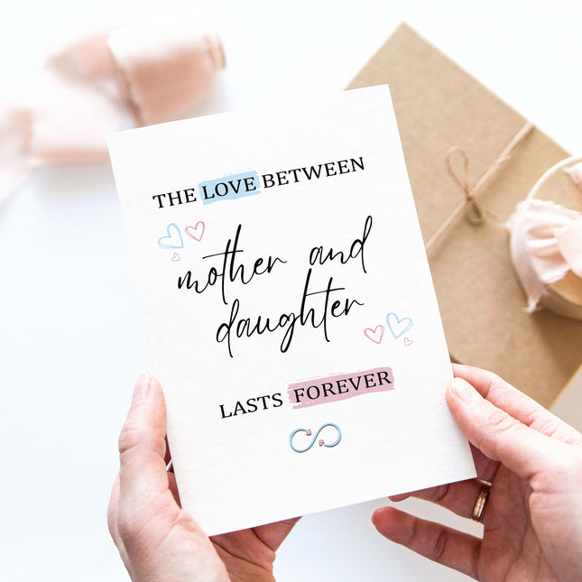 Personalised mother and daughter card with love quote, pastel hearts, hands holding card