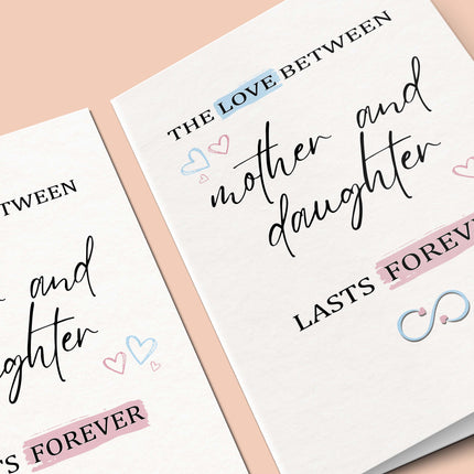 Mother and daughter card with love quote, pastel hearts, infinity symbol, personalized gift