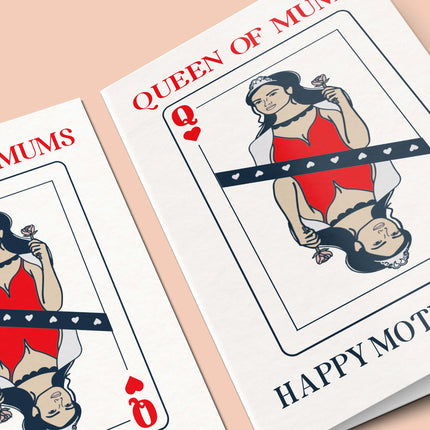 Close up angled view of the Queen of Mums Mother's Day Card showing red and blue design details.