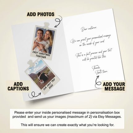 Personalised greeting card with custom photos, captions, and printed message inside