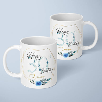 Happy 30th Birthday Mug Blue Floral Design