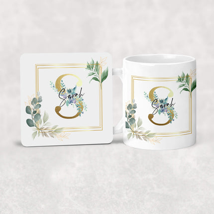 Set of a personalized mug and coaster with a floral design and gold accents, ideal for home decor