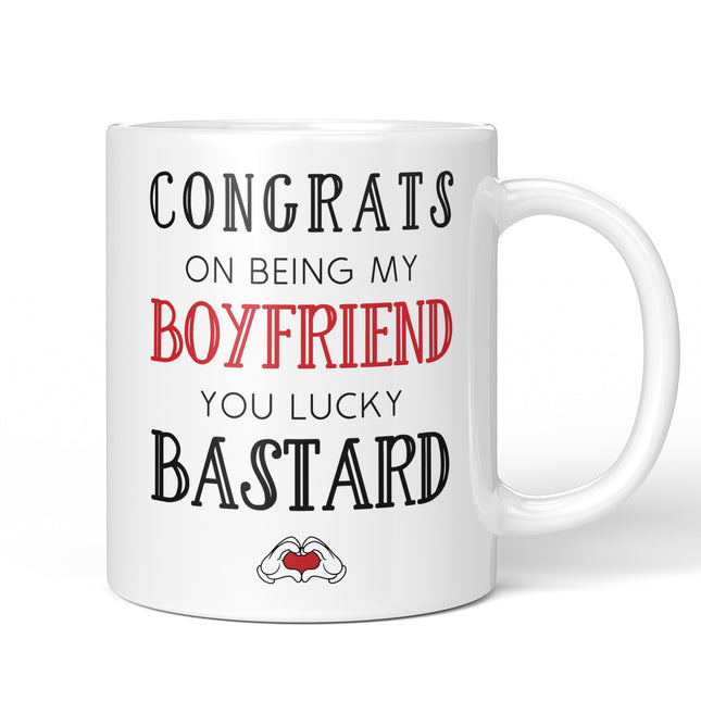 White ceramic coffee mug with text Congrats On Being My Husband You Lucky Bastard, funny husband mug for Valentine's Day gift