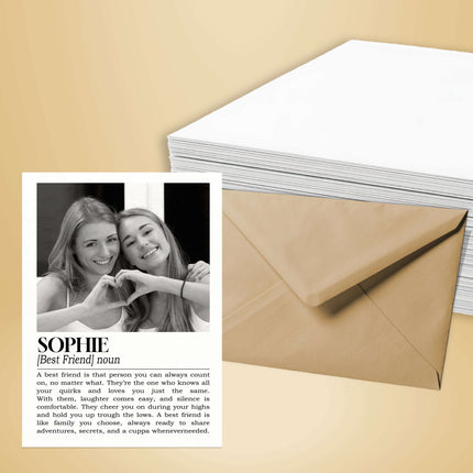 Premium matte best friend card shown alongside a classic rustic kraft envelope and a stack of high-quality card stock.