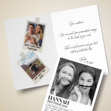 nside view of the best friend card displaying a custom printed message and fun retro polaroid photos on the left page.