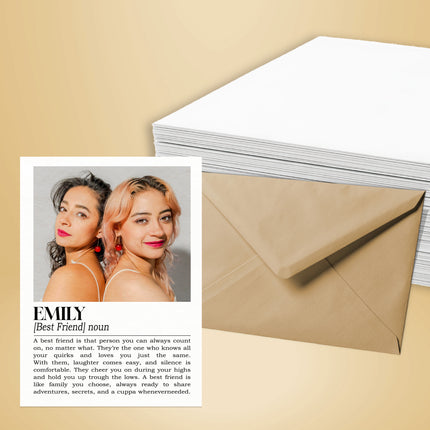 Card with two women's photo, definition of 'best friend', and a brown envelope on a beige background