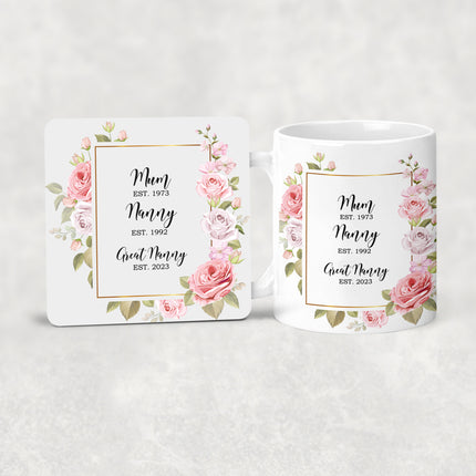 Floral mug and matching coaster set with "Mum, Nanny, Great Nanny" and establishment years printed on them.