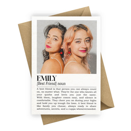 Greeting card with two women's photo and definition of 'best friend' on a white background