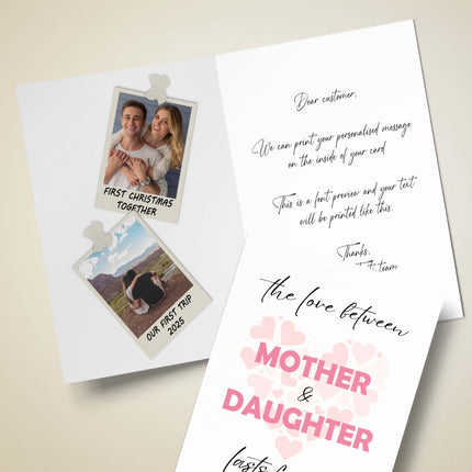 Open greeting card showing custom printed personalized message and photo inside with rustic kraft envelope.