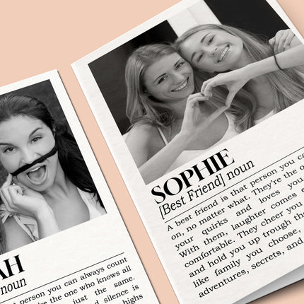 Close-up of a personalised best friend card highlighting the custom photo upload and unique dictionary definition text.
