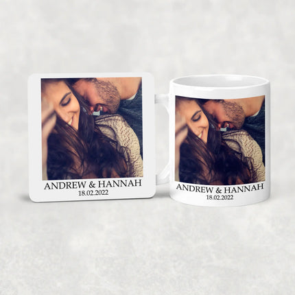 Custom photo mug and coaster set with names ideal for unique gifts