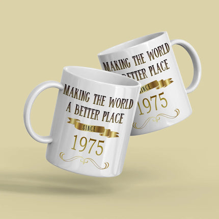 Two white mugs with text on a beige background