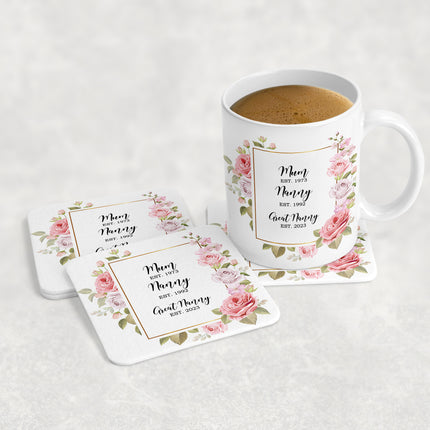 Floral mug and coaster set with "Mum, Nanny, Great Nanny" and establishment years printed, alongside a cup of coffee.