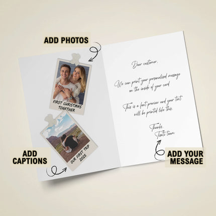 Personalised card with photo slots and text space on a beige background