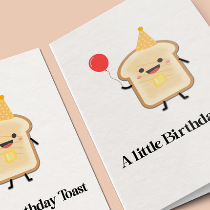 Two birthday cards featuring cartoon toast characters with party hats and balloons on a beige background.