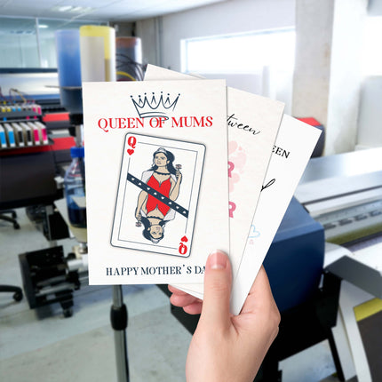 Professional printing process of the Queen of Mums personalised playing card mother's day card.