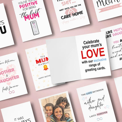 A collage of various Mother's Day greeting cards spread across a light pink surface. In the center, an open card reads, "Celebrate your mum's LOVE with our exclusive range of greeting cards."