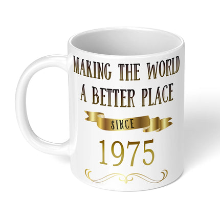 White ceramic mug with elegant design, showcasing a positive message