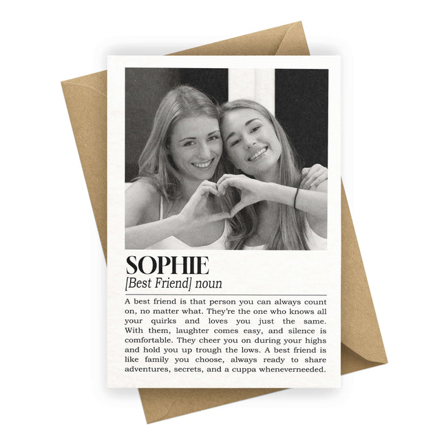 Personalised best friend card featuring a black and white custom photo resting on a rustic brown kraft envelope.
