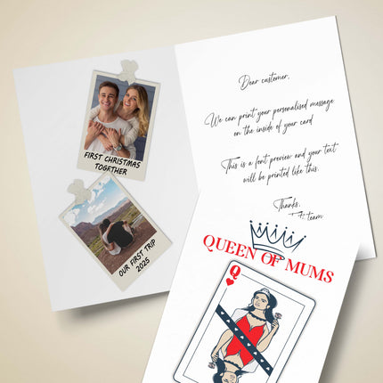 Inside view of playing card mother's day card showing custom text message and personalised printed photos.