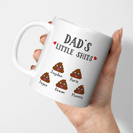 A mug with the designed "Dad's Little Turds" printed on it, personalised gift.
