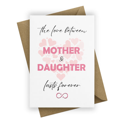 Greeting card with 'The love between mother & daughter lasts forever' text and hearts on a white background.