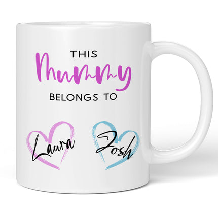 Front display of a white personalised mummy mug with custom pink and blue heart text.
