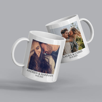 Personalized photo coffee mugs featuring names Andrew and Hannah, perfect for couples