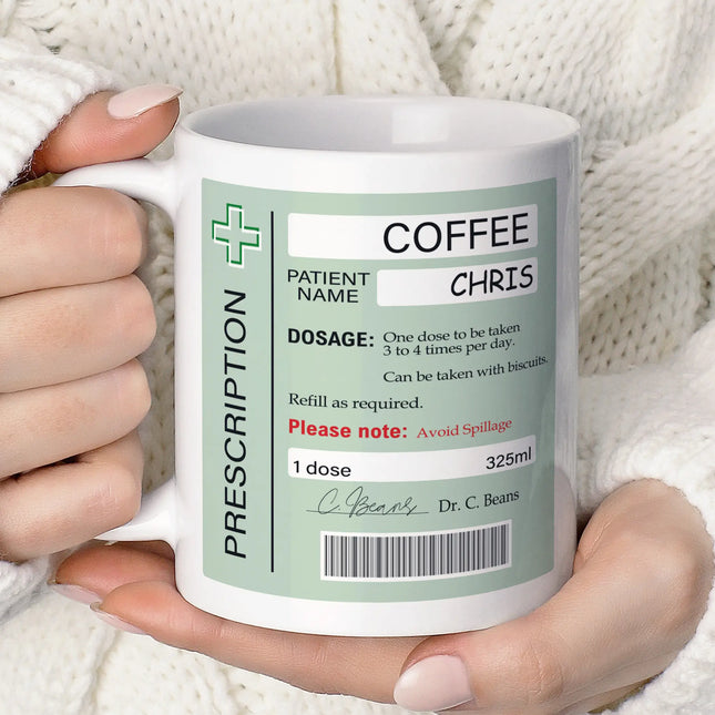 Personalised prescription coffee mug featuring the name Chris, perfect for coffee lovers