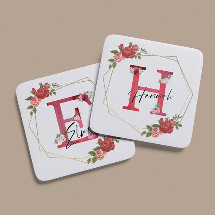 Personalised Red Flower Name Coaster For Her