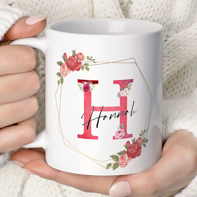 Personalised Red Flower Name Mug