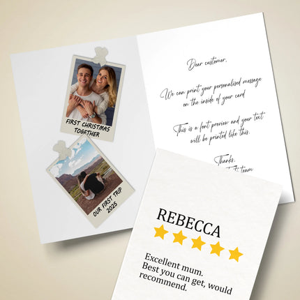 The inside and front of a personalized greeting card. The inside left page features two Polaroid-style photos taped down;