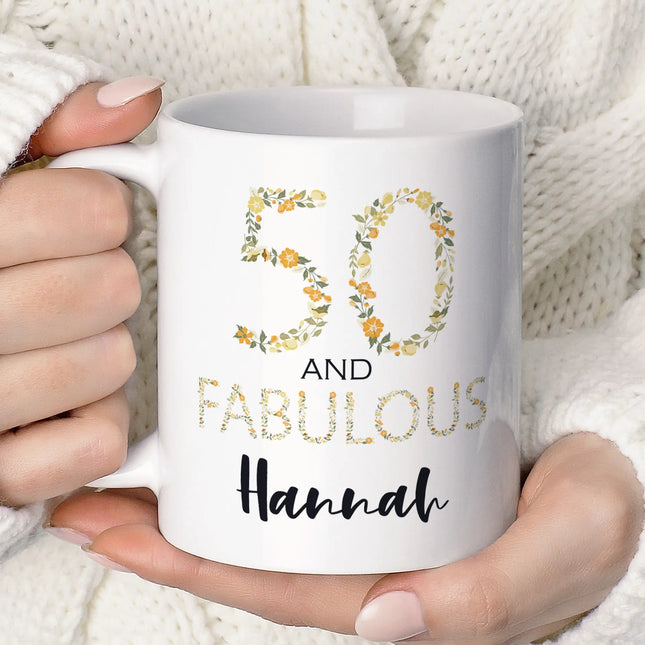 Personalised 50 and Fabulous mug for birthday celebrations featuring the name Hannah