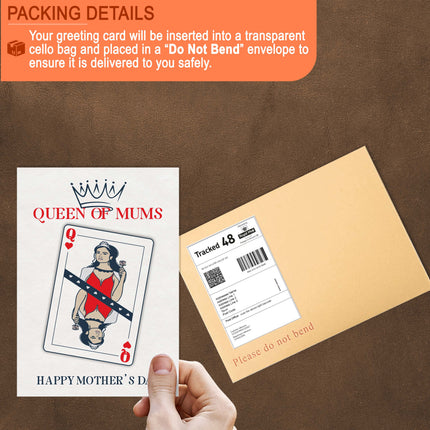 Packaging details for Queen of Mums card showing protective cello bag and do not bend shipping envelope.