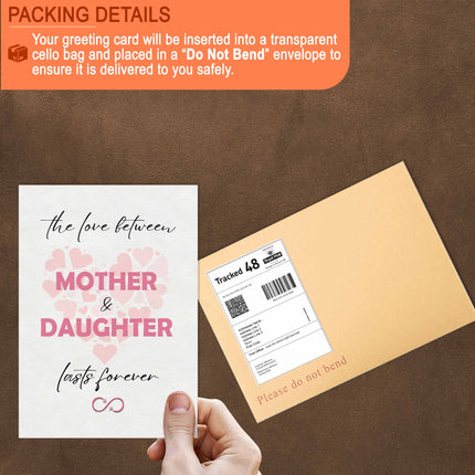 Protective packaging for greeting cards showing Do Not Bend envelope and cello bag for safe delivery of mother daughter card.