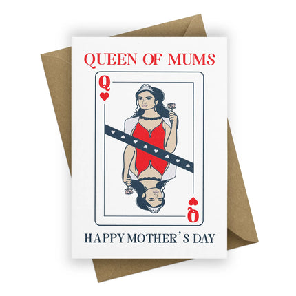 Queen of Mums Mother's Day Card lying flat on top of a brown kraft luxury envelope.