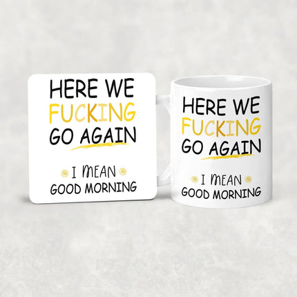 Mug and coaster set with humorous text on a white background