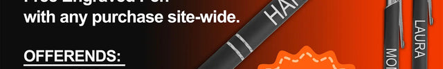 Promotional image of engraved pens with a free gift offer for mom.